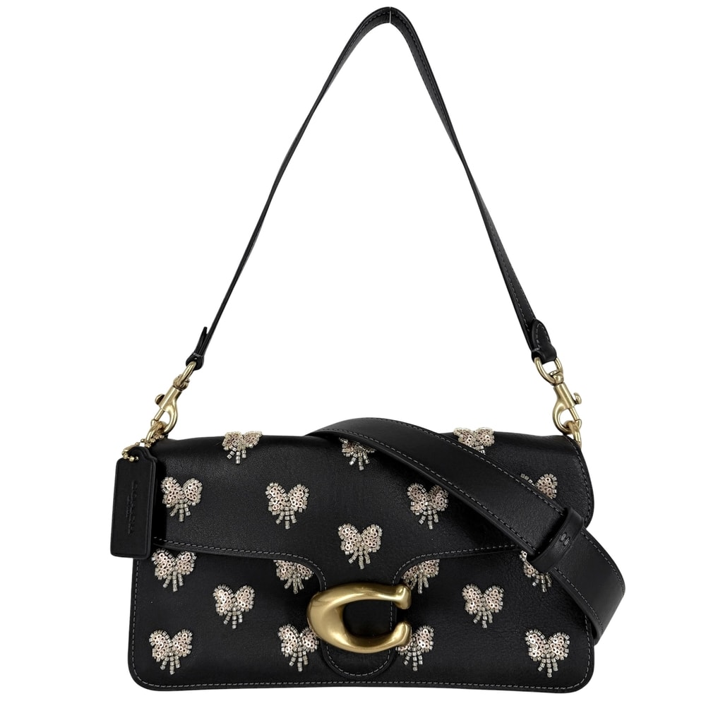 COACH コーチ 2WAY タビ― ショルダーバッグ 26 ハンドバッグ バタフライ 蝶 肩掛け 斜め掛け デインティー ボウ エンベリッシュメント レザー  ビーズ  スパンコール  ブラック 黒 ゴールド金具 レディース【中古品】