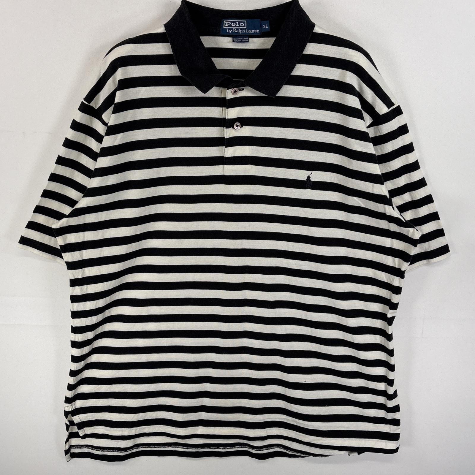 古着 90's/90年代 ポロバイラルフローレン Polo by Ralph Lauren ポロシャツ ワンポイント ロゴ 刺繍 2ボタン 大きいサイズ XL  ホワイト系 ボーダー メンズ