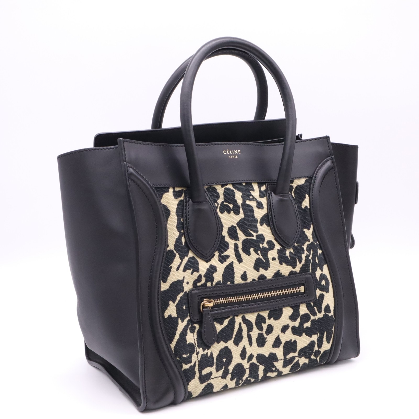 美品 CELINE セリーヌ キャンバス レオパード プリント ラゲージ ハンドバッグ 165213 ハンドバッグ ブラック キャンバス レディース
