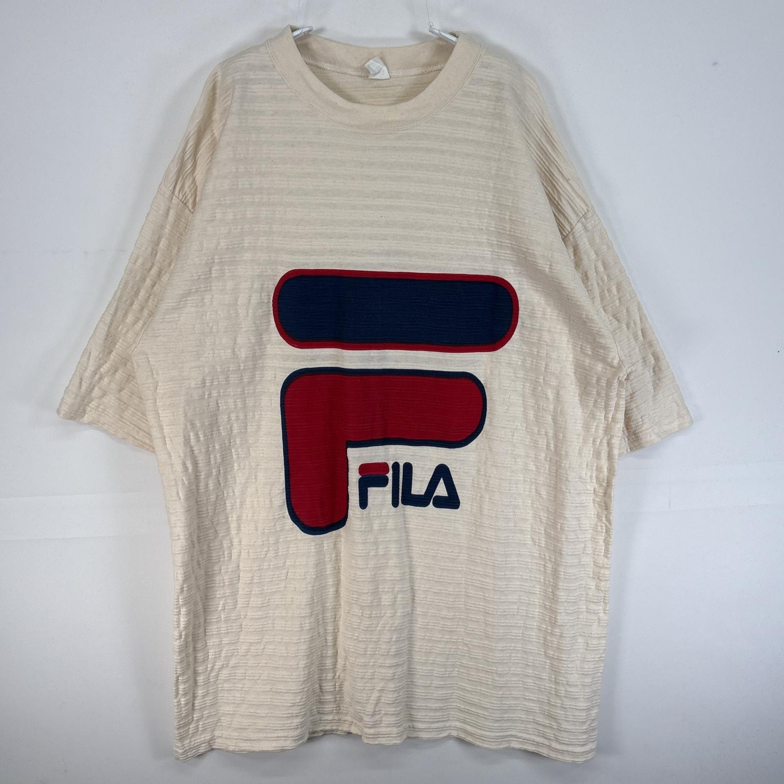 古着 90's~00's/90年代~00年代 フィラ FILA 半袖Tシャツ 大判 プリント ロゴ 大きいサイズ 肉厚 USA製 XL  ベージュ系 メンズ