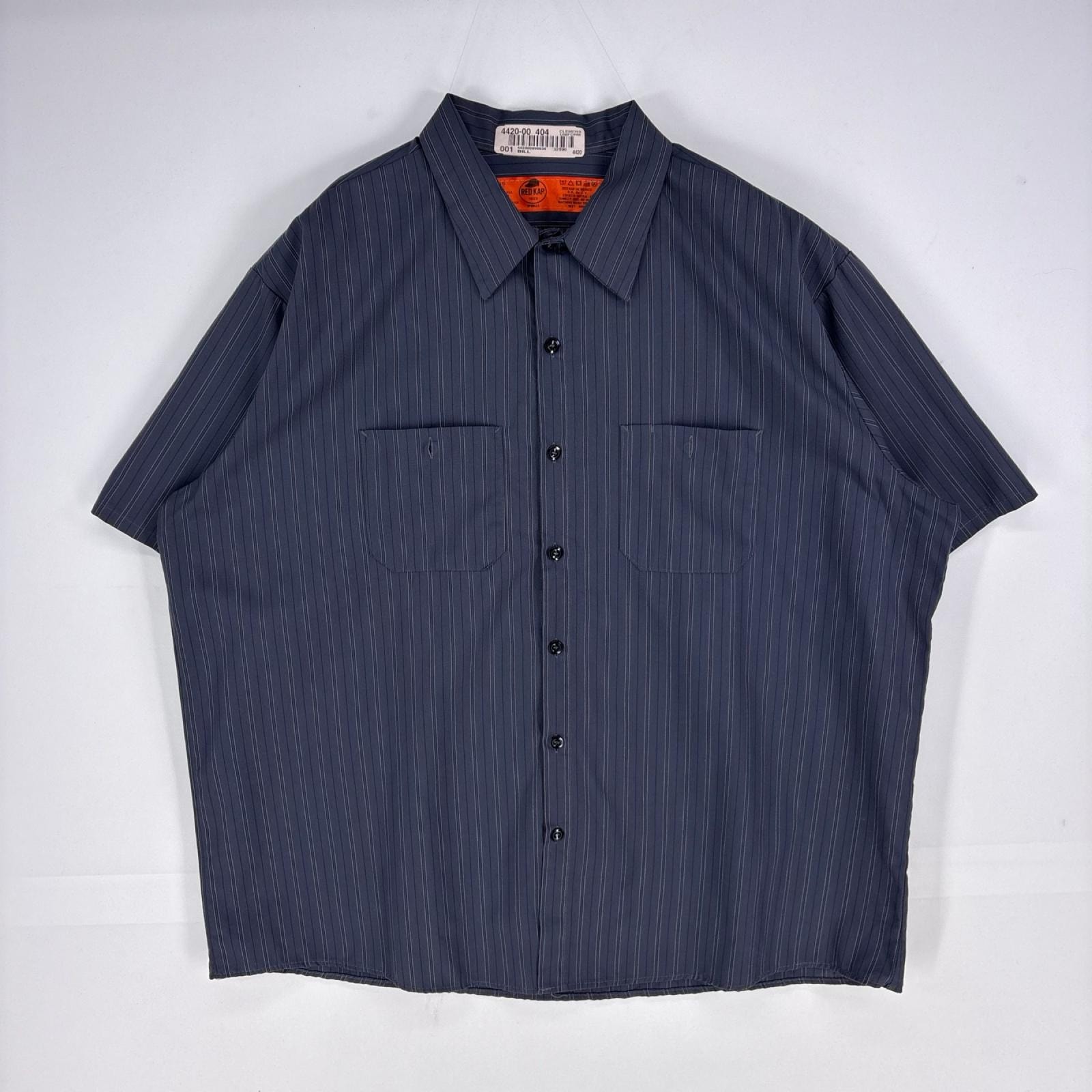古着 レッドキャップ RED KAP 半袖シャツ ワーク 大きいサイズ 胸ポケット ショートスリーブ 2XL  グレー系 ストライプ メンズ