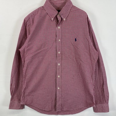 古着 ラルフローレン RALPH LAUREN 長袖シャツ ボタンダウン ロゴ刺繍 ワンポイント L レッド系 チェック メンズ