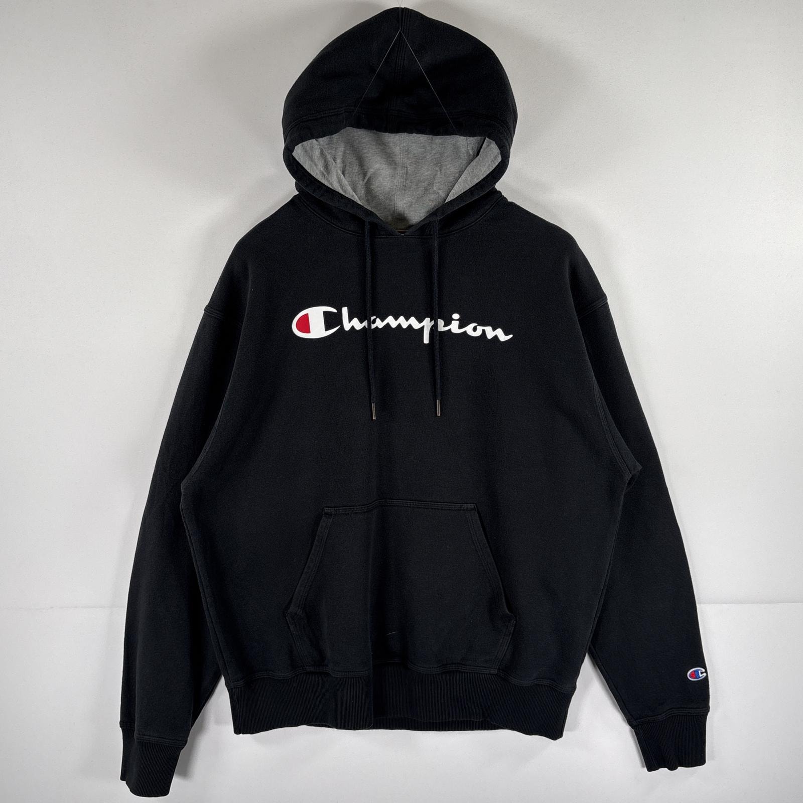 古着 チャンピオン Champion パーカー スウェット ビッグロゴプリント プルオーバー  フーディ L  ブラック メンズ