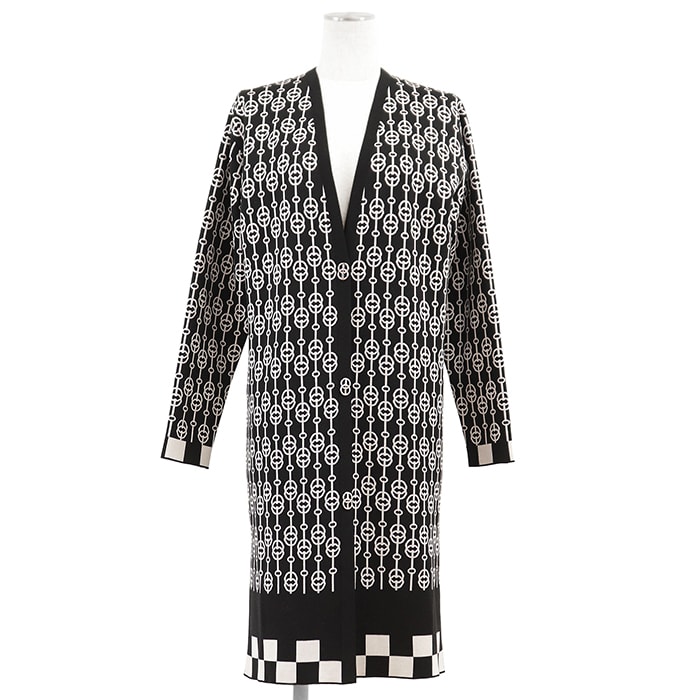 【新品同様】HERMES エルメス ロングカーディガン 36 レディース CLIQUETIS クリケティス チェーン 馬具モチーフ ジャガード シェーヌ・ダンクルモチーフ ボタン ストレッチ Vネック トップス ブラック ホワイト 黒 白 総柄 イタリア製