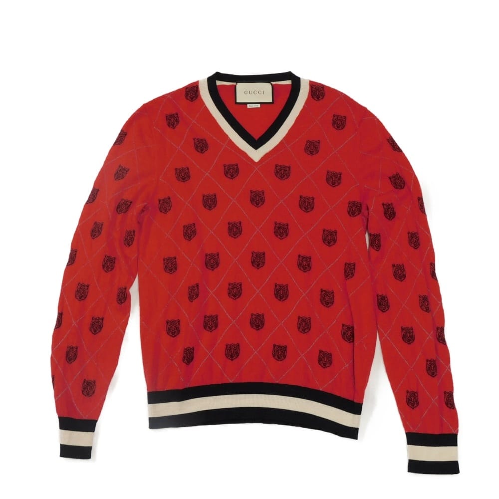 GUCCI グッチ タイガー Vネック ニット M 総柄 薄手 ウール レッド セーター 474320 X1464