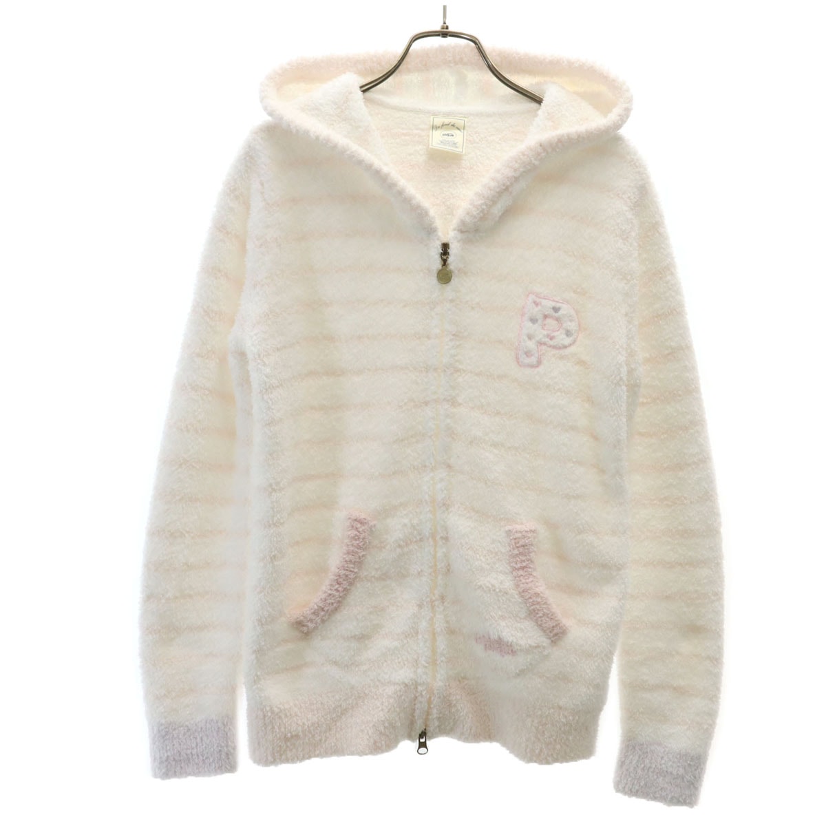 美品 gelato pique ジェラートピケ ボーダー 長袖 パウダートリム ジップパーカー F ホワイト ルームウェア