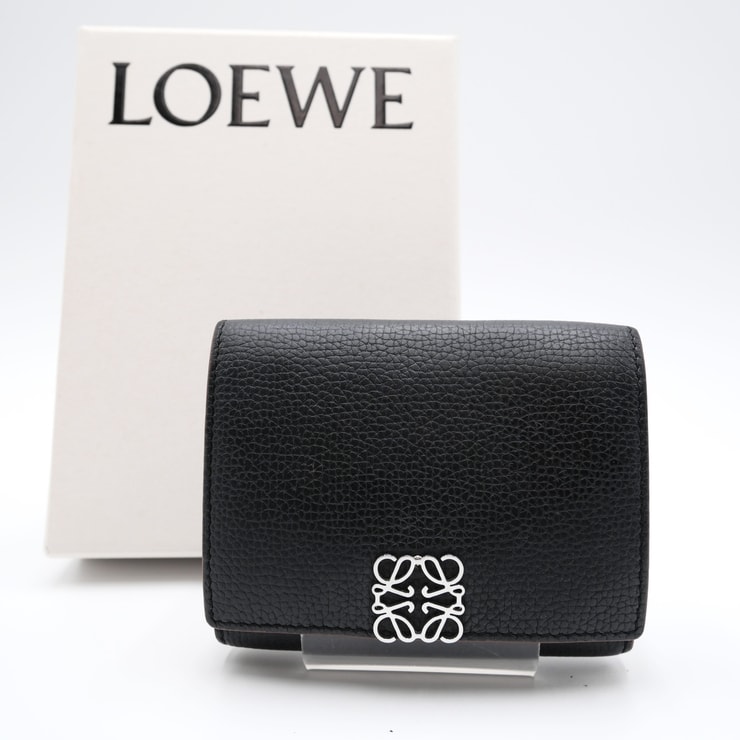 LOEWE(ロエベ)アナグラム トライフォールド ウォレット 三つ折り財布 ブラック レザー シルバー金具 レディース【中古】