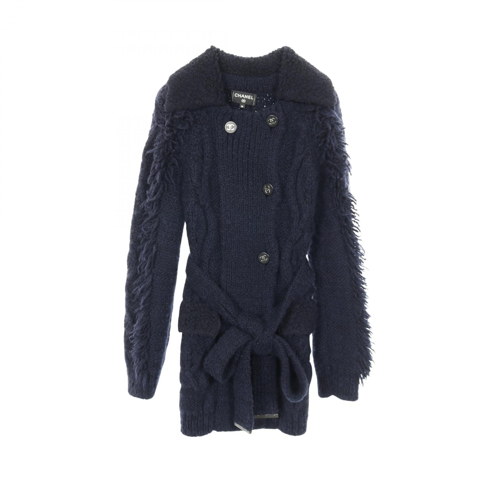 シャネル CHANEL ココマークボタン フリンジ カーディガン ニット 衣料品 アウター ウール カシミヤ レディース ネイビー系 【中古】