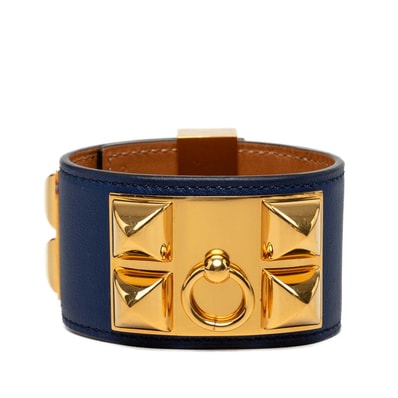 エルメス コリエドシアン ブレスレット □Q刻印 サイズS ネイビー ゴールド金具 ボックスカーフ レディース HERMES 【中古】