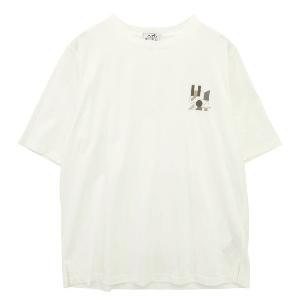 HERMES エルメス イタリア製 JEU D'ADRESS ミニレザーパッチ ジュ ダドレス レザーパッチ ロゴ 半袖 Tシャツ ホワイト系 L【極上美品】【中古】