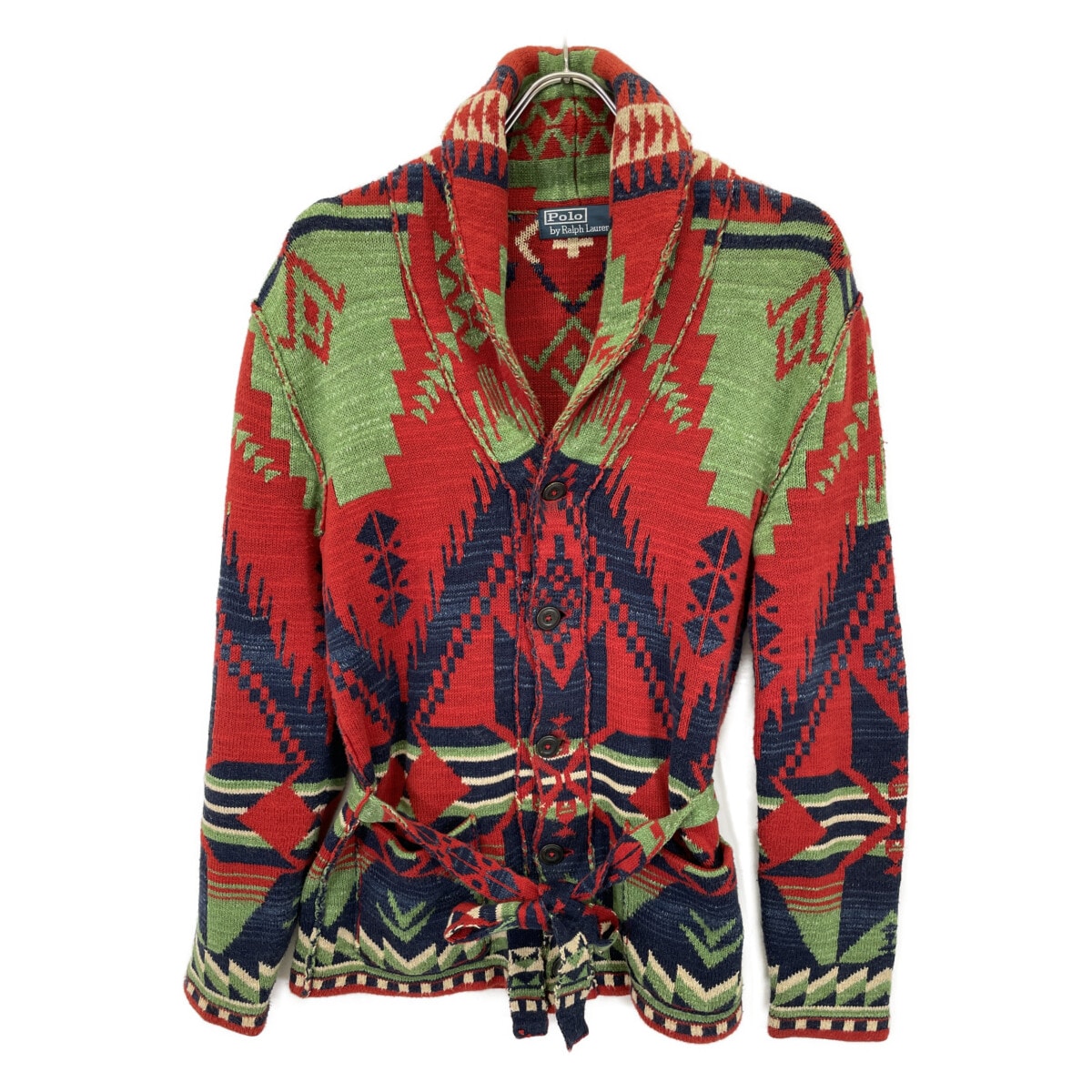 ポロ ラルフローレン レッド コットン100 ネイティブ柄 ロングスリーブ ニットカーディガン S