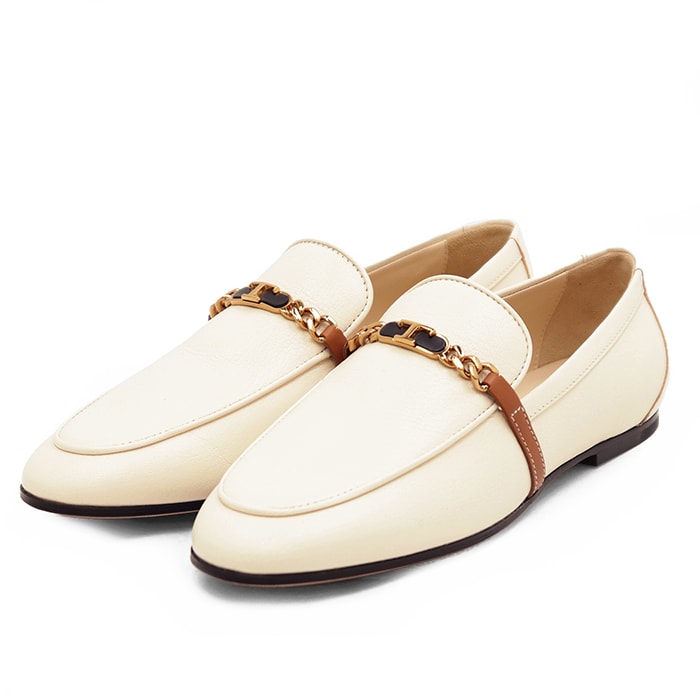 【新品同様】TOD'S トッズ ローファー サイズ 37 レディース チェーン装飾 レザー フラット シューズ 靴 箱 保存袋付属 アイボリー イタリア製