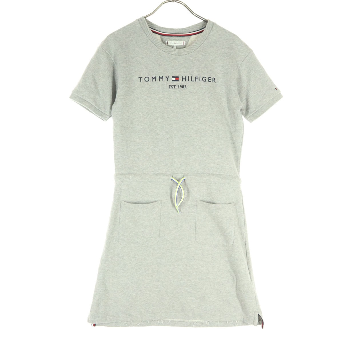 美品 TOMMY HILFIGER トミーヒルフィガー ブランドロゴ 半袖 スウェット 膝丈ワンピース 164cm グレー