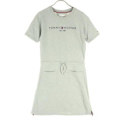 美品 TOMMY HILFIGER トミーヒルフィガー ブランドロゴ 半袖 スウェット 膝丈ワンピース 164cm グレー