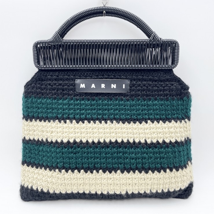 MARNI(マルニ)MARNI MARKET クロシェバッグ ハンドバッグ ボーダー グリーン ブラック アイボリー 編み込み レディース【中古】