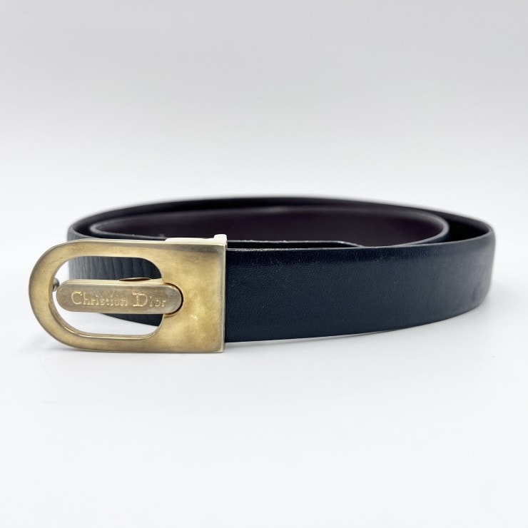 Christian Dior(クリスチャンディオール)ヴィンテージ レザーベルト ロゴバックル ブラック ゴールド金具 レディース【中古】