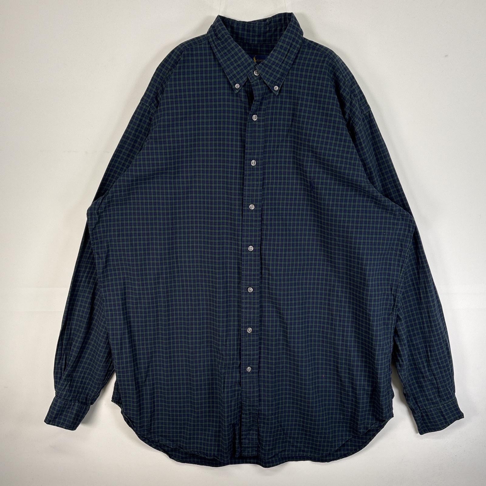 古着 ラルフローレン RALPH LAUREN 長袖シャツ ロゴ 刺繍 大きいサイズ 薄手 ボタンダウン XL  ネイビー チェック メンズ