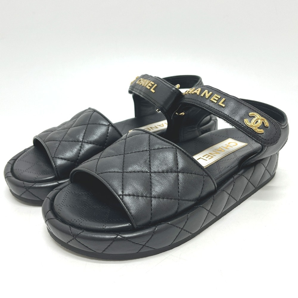 シャネル CHANEL ロゴ ココマーク G45430 マトラッセ ベルクロ 靴 サンダル レザー ブラック 未使用