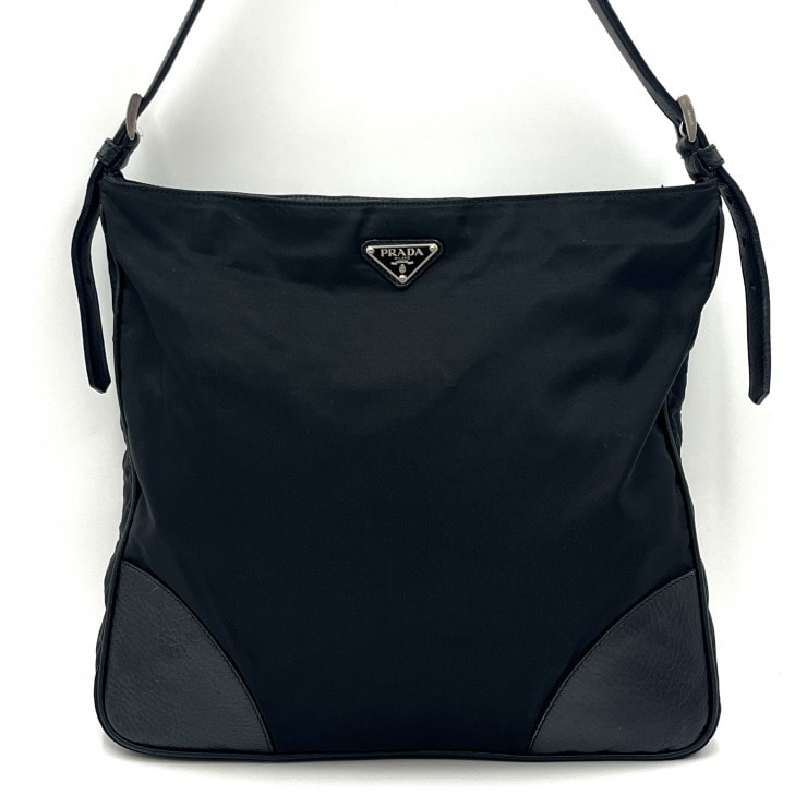 PRADA(プラダ)Tessuto ナイロン ショルダーバッグ ブラック レザー レディース メンズ ユニセックス イタリア製【中古】