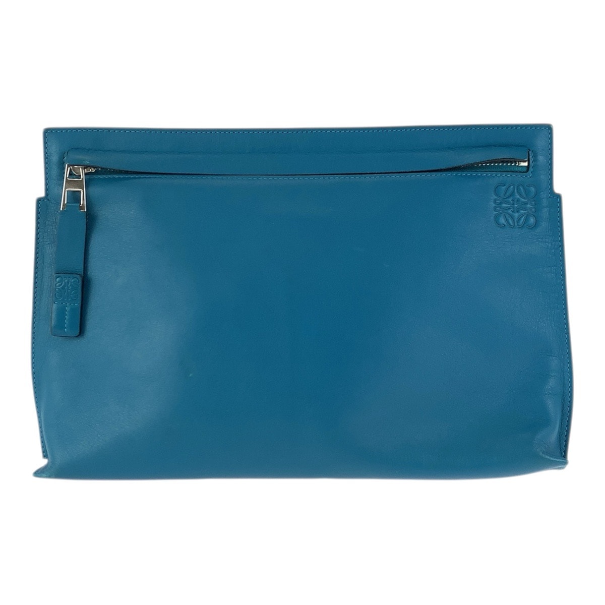 美品 LOEWE ロエベ アナグラム ターコイズブルー シルバー金具 レザー クラッチバッグ セカンドバッグ 601881 【中古】