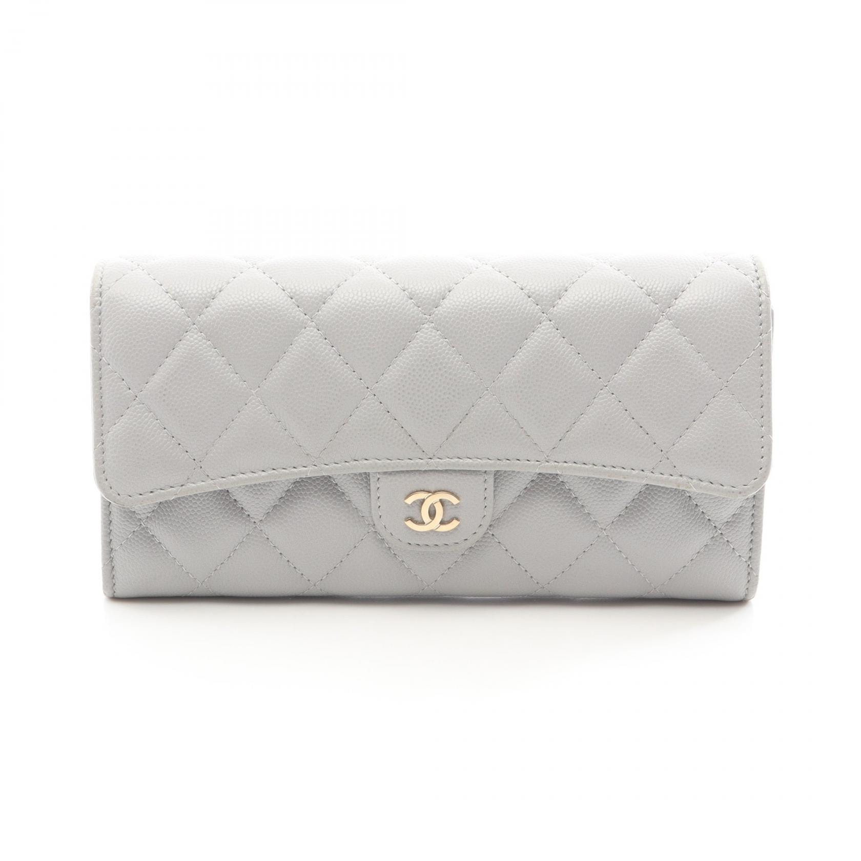シャネル CHANEL クラシック ロング フラップ ウォレット マトラッセ 二つ折り長財布 財布 キャビアスキン(グレインドカーフ) レディース グレー系 【中古】