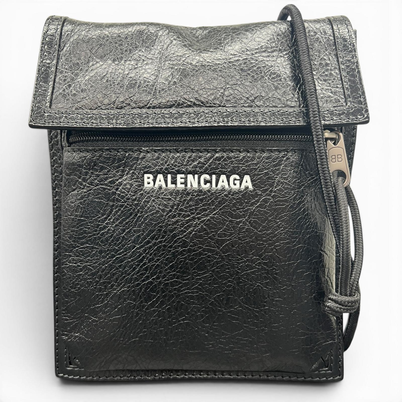 BALENCIAGA 極美品 バレンシアガ エクスプローラー ショルダーバッグ 532298 レザー ブラック ロゴ クロスボディ ポシェット サコッシュ Aランク 中古 鑑定済 バレンシアガバッグ