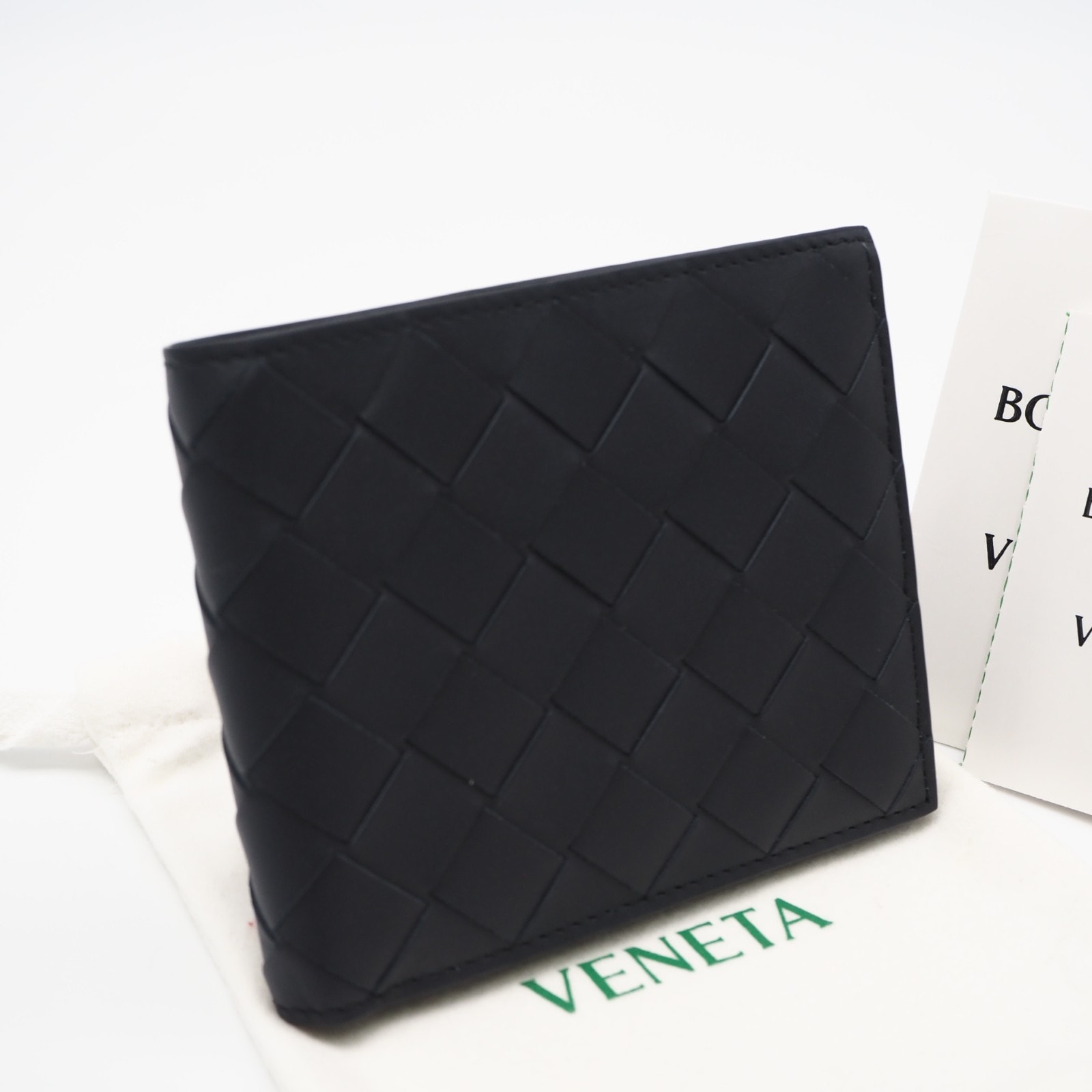 未使用 BOTTEGAVENETA ボッテガヴェネタ イントレチャート イントレチャート 二つ折りウォレット 743211 二つ折り財布 ネイビー カーフレザー メンズ