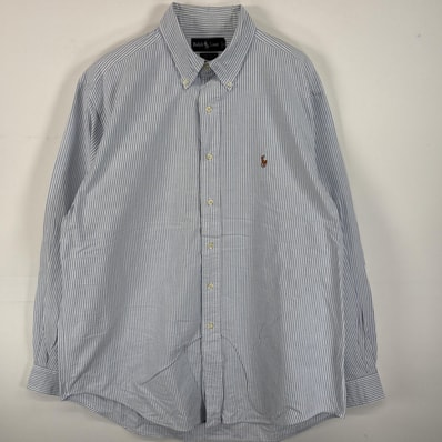 古着 ラルフローレン RALPH LAUREN 長袖シャツ ボタンダウンシャツ ワンポイント ロゴ 刺繍 大きいサイズ 16 1/2-35 L-XL ブルー系 ストライプ メンズ