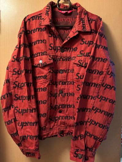 Supreme Frayed Logos Denim Trucker Jacket "Red"