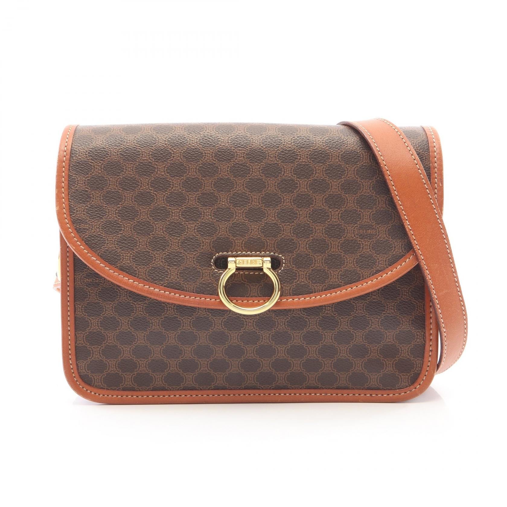 セリーヌ CELINE マカダム ショルダーバッグ バッグ PVCコーティングキャンバス レザー レディース ブラウン系 【中古】