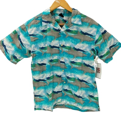 00S 01SS OLD サメ 総柄 S/S 開襟 オープンカラー コットン アロハ シャツ【1143431080520】