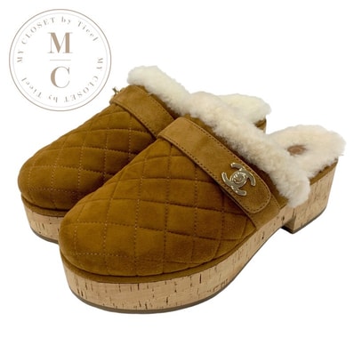 シャネル CHANEL サンダル 靴 シューズ スエード ムートン コルク ブラウン ゴールド サボ ミュール ターンロック ココマーク マトラッセ ボア