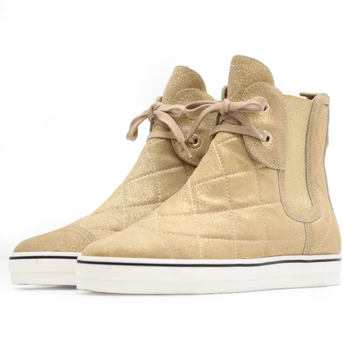 シャネル 13C G28925 ハイカット レースアップ ゴア メタリック加工 スウェードレザー スニーカー レディース ゴールド 36 CHANEL