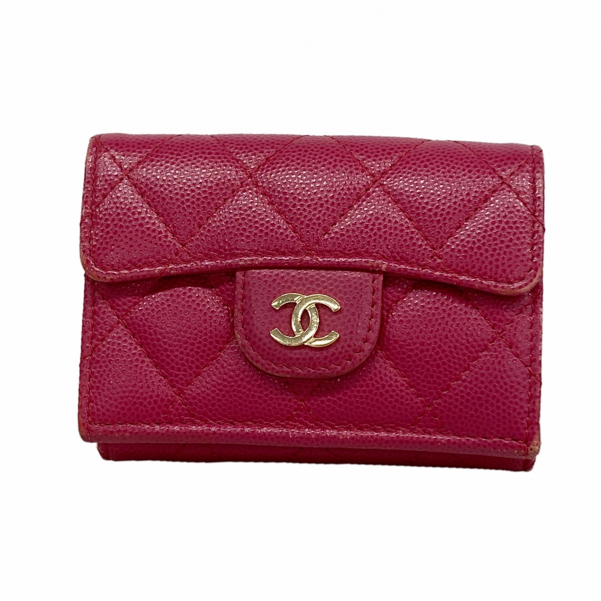 【6gd4911】シャネル 三つ折り財布 マトラッセ キャビアスキン ピンク ゴールド金具【中古】レディース