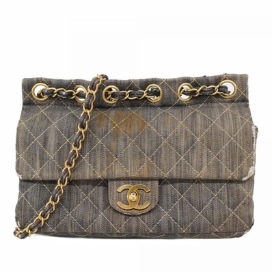 【6dd4283-k】シャネル ショルダーバッグ マトラッセ チェーンショルダー デニム ネイビー ゴールド金具【中古】レディース