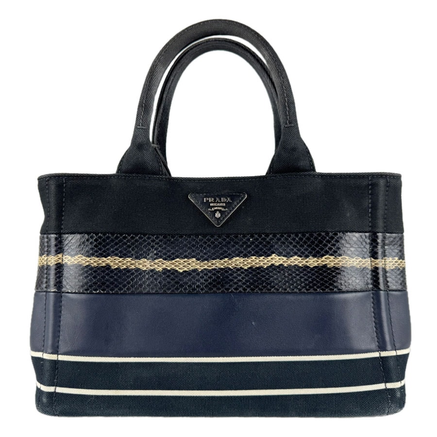 プラダ PRADA ハンドバッグ ショルダーバッグ カナパ キャンバス/パイソン/レザー ブラック/ネイビー/ホワイト シルバー レディース【中古】 z9409