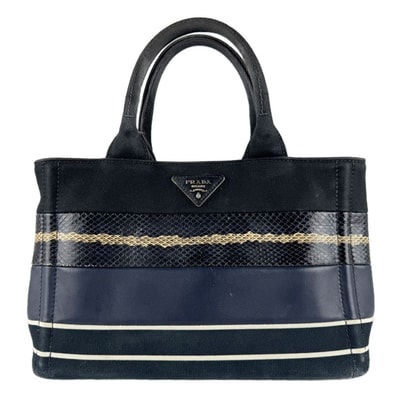 プラダ PRADA ハンドバッグ ショルダーバッグ カナパ キャンバス/パイソン/レザー ブラック/ネイビー/ホワイト シルバー レディース【中古】 z9409