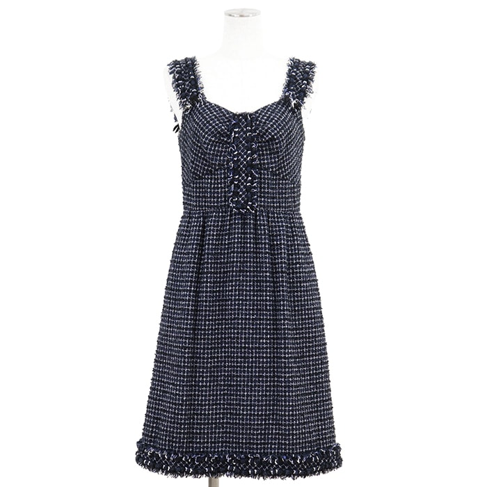 【美品】CHANEL シャネル ワンピース カシミヤブレンド サイズ 38 レディース P37652 COCOマーク ロゴ チャーム ツイード ノースリーブ フリンジ ドレス ネイビー 紺 フランス製 カール・ラガーフェルド期