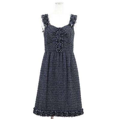 【美品】CHANEL シャネル ワンピース カシミヤブレンド サイズ 38 レディース P37652 COCOマーク ロゴ チャーム ツイード ノースリーブ フリンジ ドレス ネイビー 紺 フランス製 カール・ラガーフェルド期
