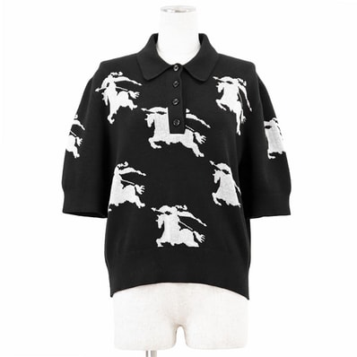 【美品】BURBERRY LONDON バーバリー ロンドン ニット ポロシャツ EKD ロゴ ボタン Equestrian Knight Design 馬上の騎士 ジャガード コットン シルク トップス レディース XL ブラック ホワイト 黒 白 伊製