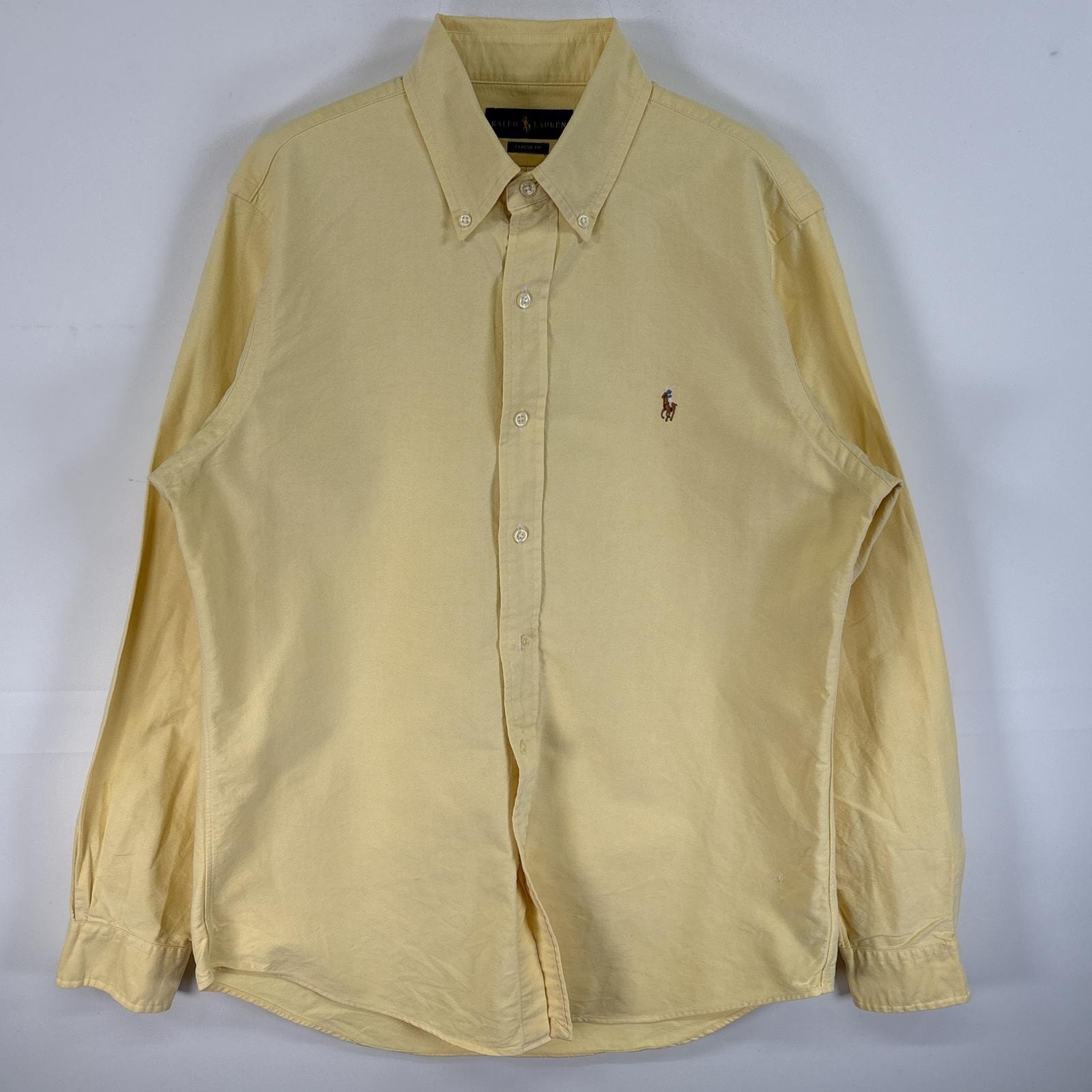 古着 90's/90年代 ラルフローレン RALPH LAUREN 長袖シャツ ロゴ 刺繍 オックスフォードシャツ カラーシャツ M イエロー 無地 メンズ