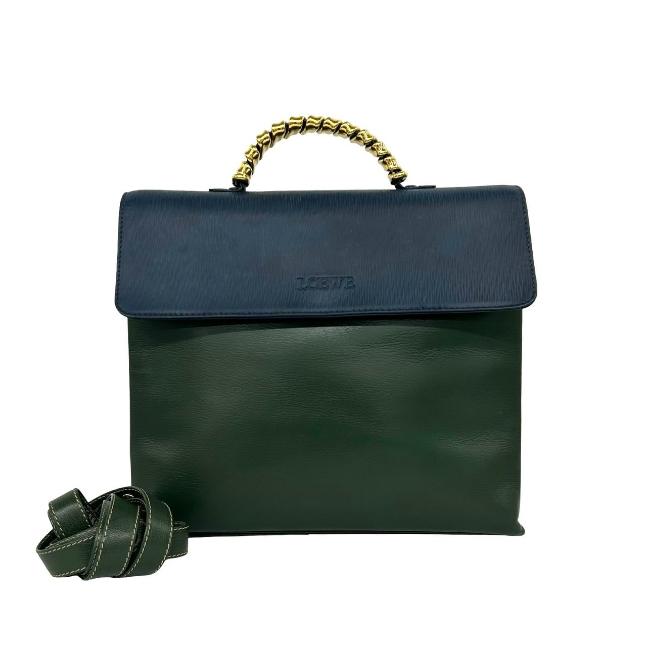 美品✨ LOEWE ロエベ ショルダーバッグ レザー ロゴ ネイビーグリーン B (目立った傷や汚れなし)】LOEWE ロエベ ベラスケス レザー