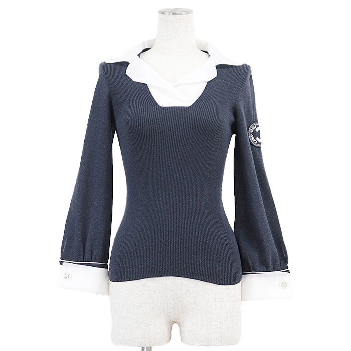 美品 シャネル ブラウス トップス COCOマーク刺繍 ニット レディース ネイビー ホワイト 38 CHANEL