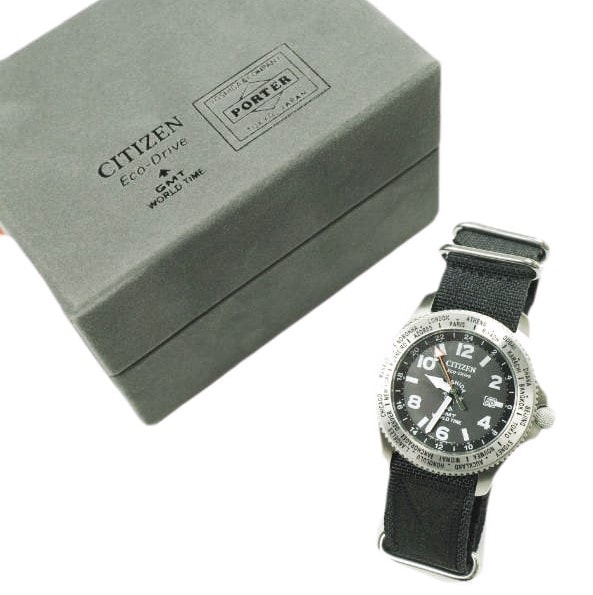 CITIZEN x PORTER シチズン ポーター 別注 GMT WORLD TIME シルバー ブラック文字盤 ウォッチ 腕時計 g23906