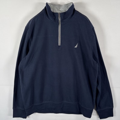 古着 ノーティカ NAUTICA スウェット トレーナー 大きいサイズ ハーフジップ ワンポイントロゴ刺繍 ナイロン切り替え XL ネイビー メンズ