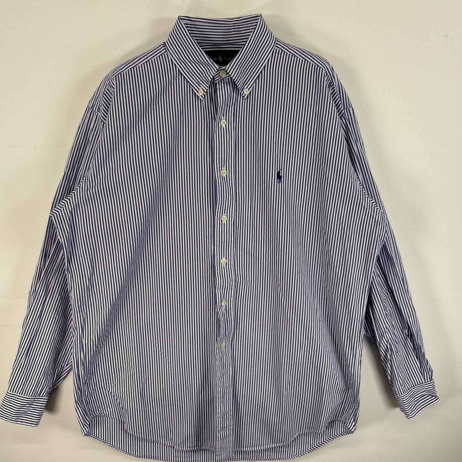 古着 90's/90年代 ラルフローレン RALPH LAUREN 長袖シャツ ワンポイント ロゴ 刺繍 ボタンダウンシャツ M  ブルー系 ストライプ メンズ