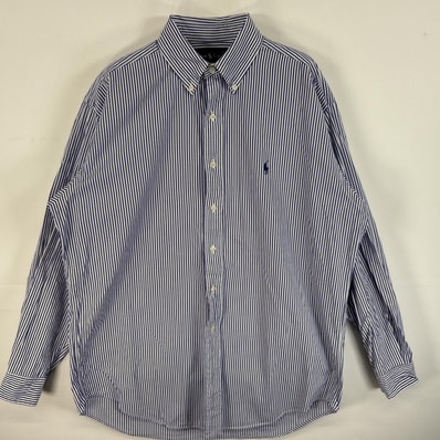 古着 90's/90年代 ラルフローレン RALPH LAUREN 長袖シャツ ワンポイント ロゴ 刺繍 ボタンダウンシャツ M ブルー系 ストライプ メンズ