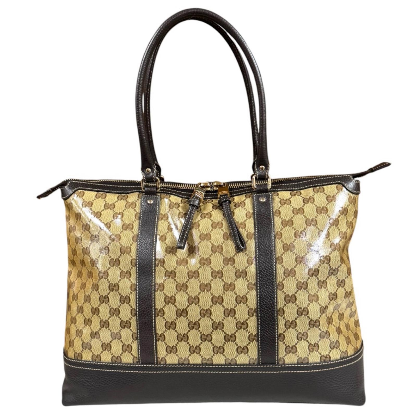 グッチ GGクリスタル トートバッグ PVCコーティングキャンバス 327793 ブラウン レディース GUCCI  中古
