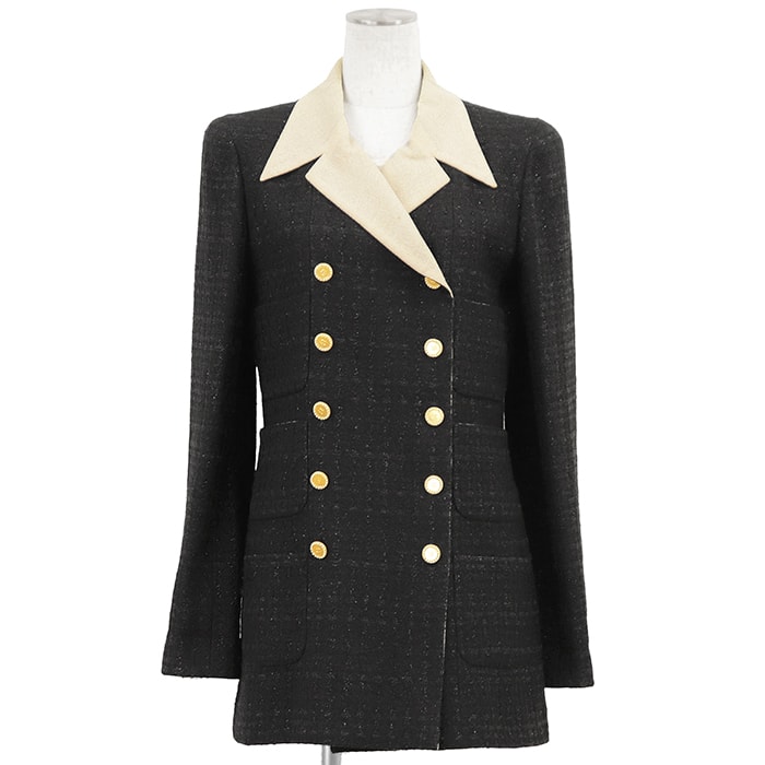 CHANEL シャネル ヴィンテージ ツイードジャケット サイズ 38 レディース 02P P19668 ロゴ COCOマーク ボタン ダブルブレスト メタリック糸 アウター ブラック アイボリー 黒 フランス製 カール・ラガーフェルド期