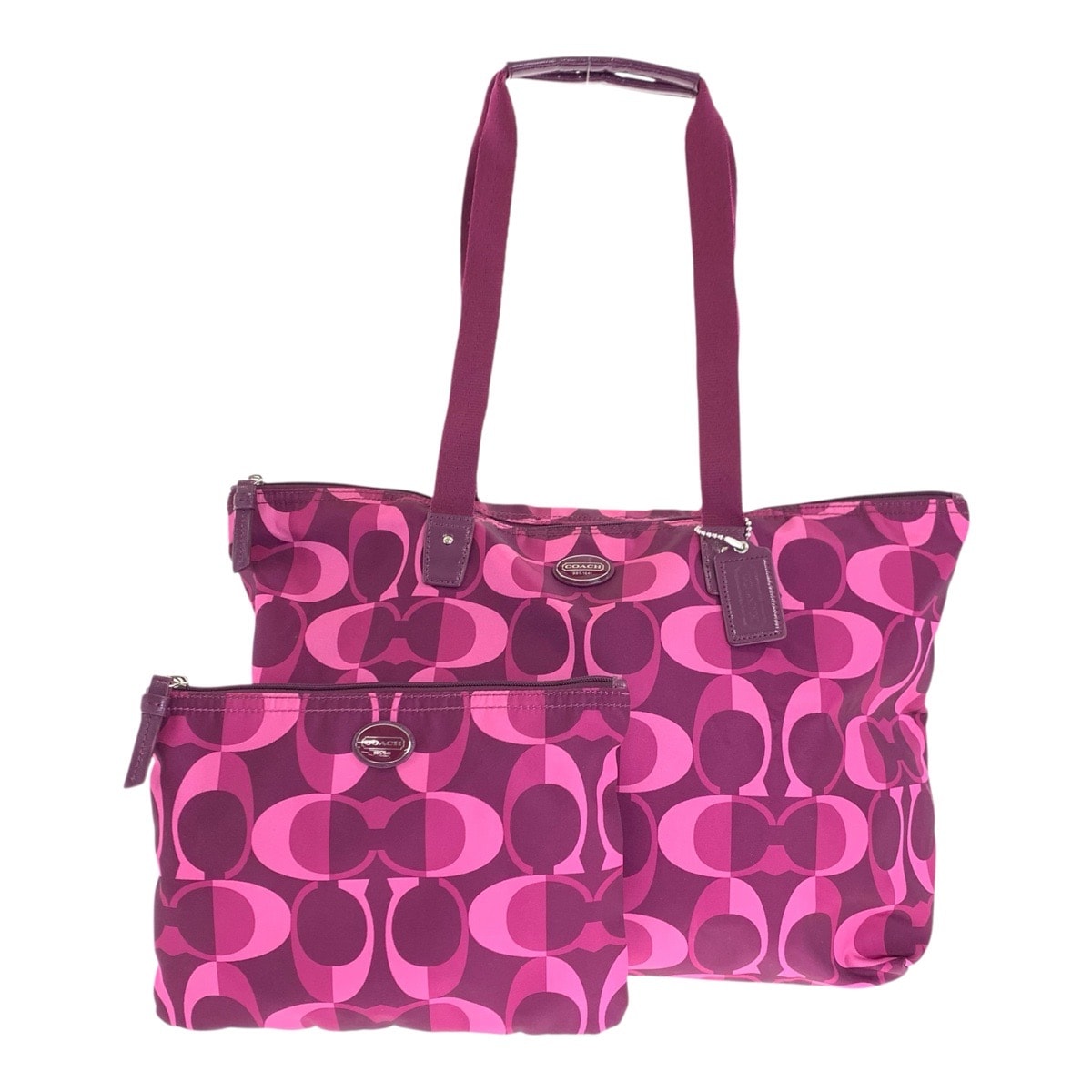 美品 COACH コーチ シグネチャー ピンク パープル シルバー金具 ナイロン トートバッグ ショルダーバッグ 600366 【中古】
